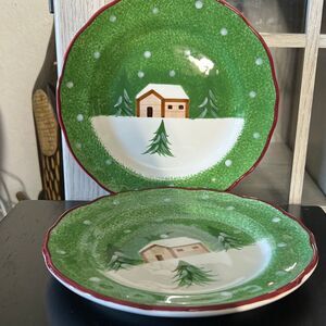 The cellar Log Cabin Set of two Salad Plates 8.5” Christmas / winter plates gree